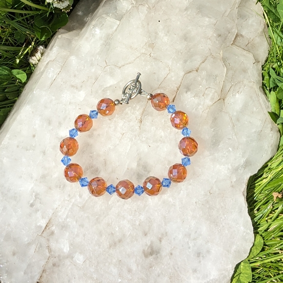 Handmade Faceted Tangerine Aura Quartz and Blue Bicone Bracelet - 6 3/4" - Picture 2 of 5